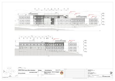 Fasadetegning (opp- og nedriss) av et nytt bygg, med mål og detaljer.