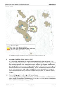 Situasjonsplan eller akustisk kart som viser beregnet lydnivå (Lp,AF,max) i ulike områder rundt bygningene, med fargekodet legende for dB-grenser.