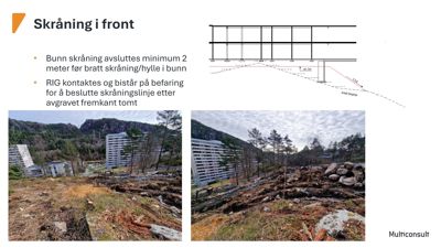 Fotografier av et byggefelt med terrengskrånning i front, inkludert en teknisk tegning som illustrerer skråningslinjen.