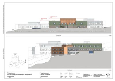 Tegning som viser vest- og nordfasade av bygningen med fargeindikasjoner og detaljer.
