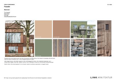 Fasadevalg og materialprøver for prosjektet Freda Fasmersminde. Bildet viser tekstbeskrivelse av materialer (tre, naturstein, grå tegl, glass/aluminium) samt visuelle eksempler på farger (NCS-koder) og materialteksturer (trepanel, stein, trelistverk).