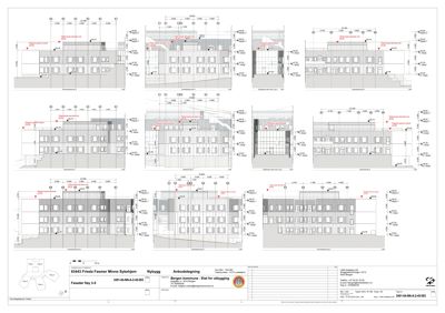 Fasadetegning som viser oppriss av bygningens ytre fasade med detaljer om vinduer, materialer og høyder.