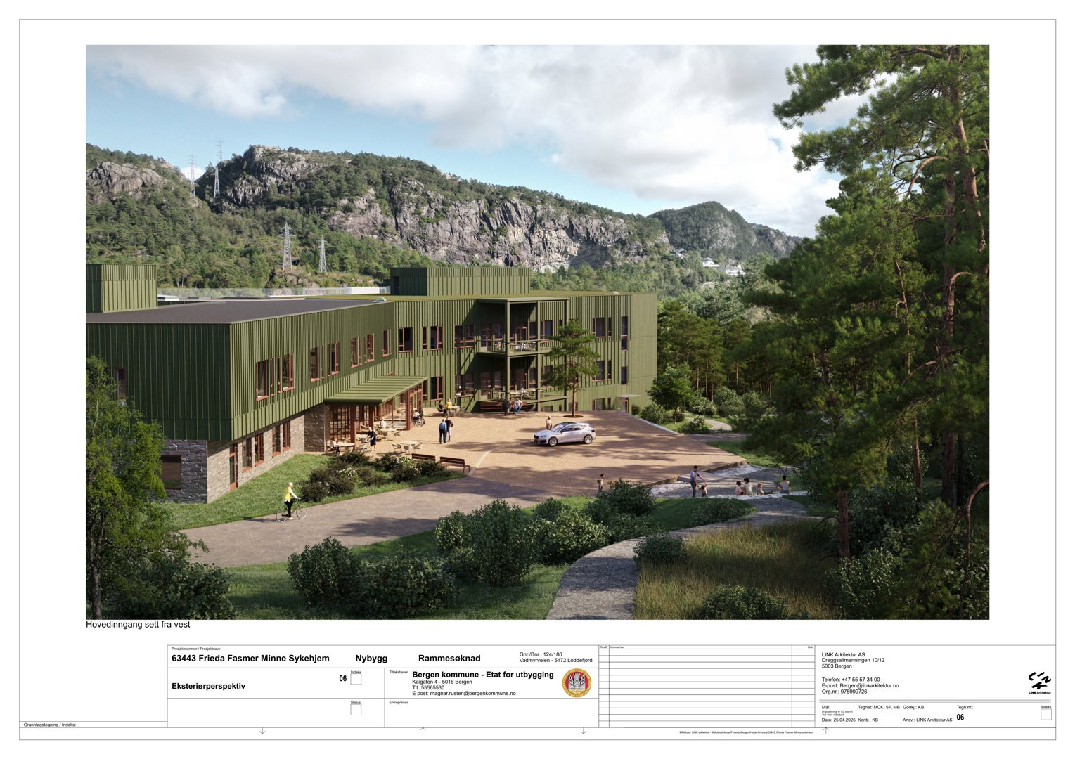 3D-visualisering (rendering) av hovedinngang sett fra vest for et nytt bygg i Rammesnakd.