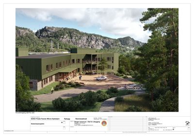 3D-visualisering (rendering) av hovedinngang sett fra vest for et nytt bygg i Rammesnakd.