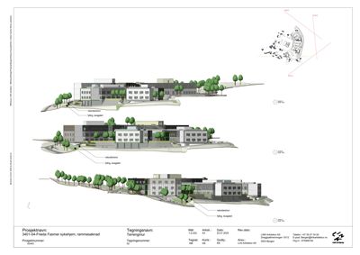 Fasadetegning som viser bygningens utseende fra tre ulike vinkler (sør, øst og vest) med terrengform og vegetasjon.