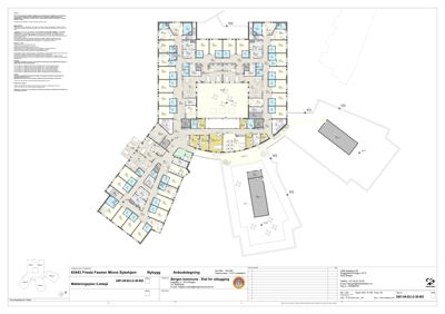 Møbleringsplan for 2. etasje i Fride Faamer Minne Sykehjem, som viser romfordeling, møblering og funksjonelle soner.