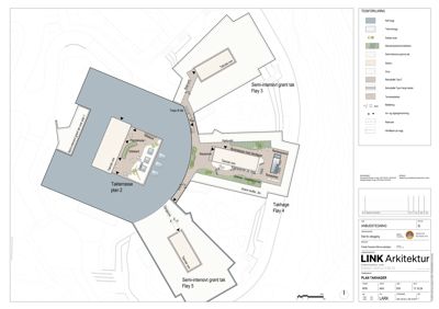 Situasjonsplan som viser plassering av bygninger, takterrasser og beplantning i forhold til hverandre og terrenget.