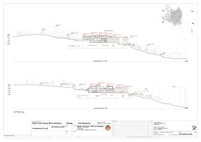 Landskapsnitt (snitt) som viser bygningens høydeprofil i forhold til terrenget og omgivelsene.
