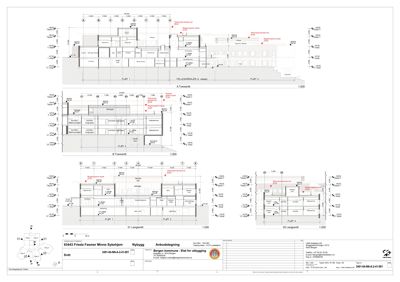 Snittegning som viser tverrsnitt gjennom bygningen på flere etasjer (FLY 1, FLY 2, FLY 4) med romfordeling, høyder og konstruksjonsdetaljer.