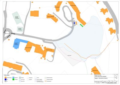 Situasjonsplan som viser tomtens beliggenhet i forhold til nabolag, veier, vann og eksisterende bygg.