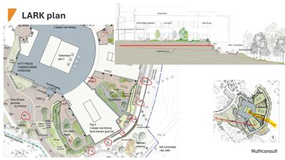 Situasjonsplan (site plan) som viser bygningenes plassering, tomteforhold, høydemål og landskapsarbeid.