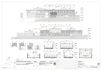 Fasadetegning med oppriss av bygningens ytre utseende, inkludert detaljer og snitt.