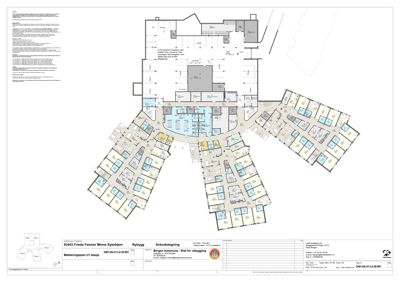 Etasjeplan (Møbleringsplan U1 etasje) for et sykehjem, som viser romfordeling, møblering og funksjonelle soner.