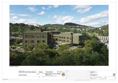 3D-visualisering (rendering) av et nytt bygg (Frisda Faamer Minne Sykehjem) sett fra sørøst.