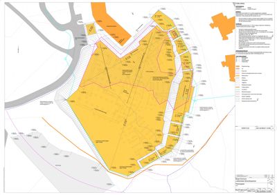 Situasjonsplan som viser tomtens grenser, naboeiendommer, eksisterende og planlagt bebyggelse, samt detaljer om vei- og vannforhold.