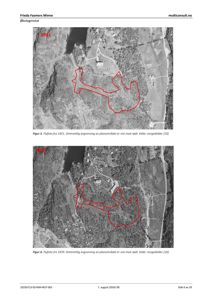 Bildet viser to flyfoto fra henholdsvis 1951 og 1970 med overlagte røde linjer som angir planområdet.