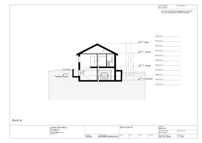 Snittegning (Snitt A) som viser tverrsnittet av en bolig med høydeangivelser og romfordeling.