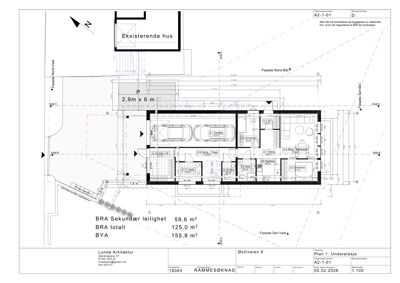 Etasjeplan for en bolig med romfordeling, mål og arealoppsett.