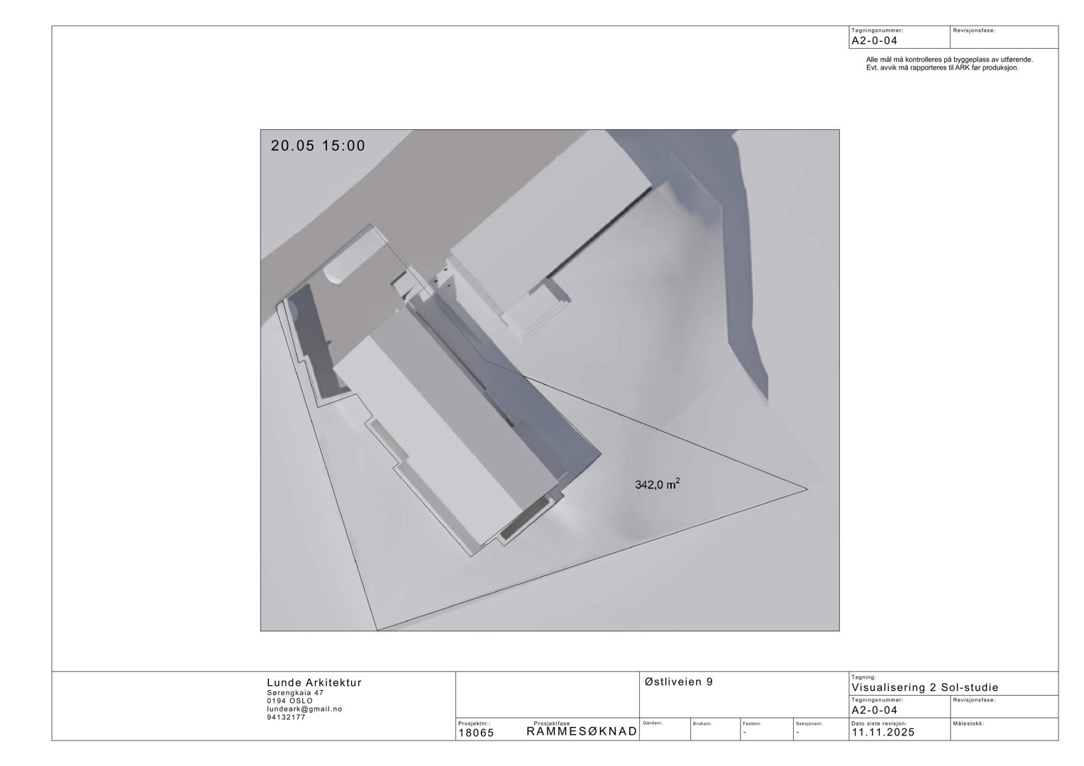 3D-visualisering av et bygningstegning med solstudie, som viser bygningens form og plassering på tomten.