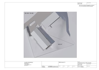 3D-visualisering av et bygningstegning med solstudie, som viser bygningens form og plassering på tomten.