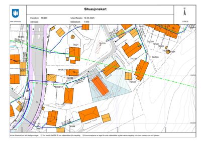 Situasjonskart som viser eiendomsgrenser, bygningsspor, vegnett og topografi for eiendom 78/490.