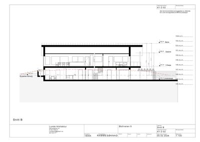 Snittegning (Snitt B) som viser bygningens tverrsnitt med høydemål, romfordeling og konstruksjonsdetaljer.