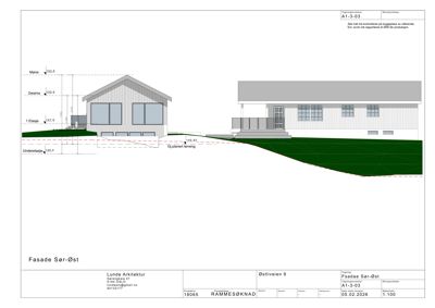 Fasadetegning av bygningen sett fra sør-øst, med høydeangivelser og terrengprofil.