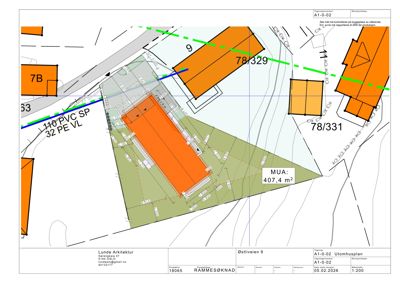 Situasjonsplan som viser tomtens grenser, nabotomter (7B, 9, 78/329, 78/331), eksisterende og planlagt bygninger, samt tekniske installasjoner (rørledninger).