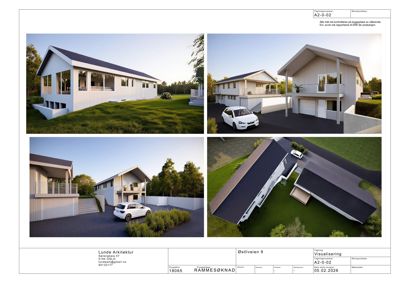 Bildet viser fire 3D-visualiseringer (renderinger) av en planlagt bolig, inkludert perspektivbilder og et luftfoto. Tegningen har også arkitekttegningens standardhode med informasjon om prosjektet.