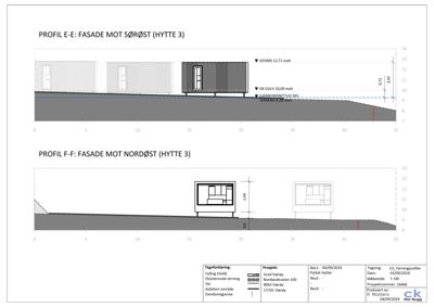 Tegning som viser tverrsnitt (profil) av to hytter (Hytte 3) i forhold til terreng, med høydemål og fasaderetning.