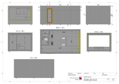 En samling av snittegninger (A, B-B, C-C, D-D) som viser tverrsnitt gjennom en modulær bygning eller container.