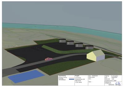3D-perspektivtegning (rendering) som viser et forslag til plassering av nye bygg på en tomt med omgivende terreng, vei og parkeringsplass.