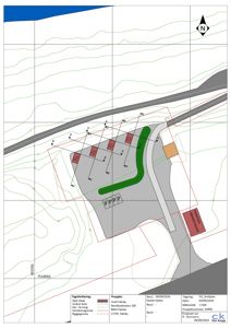 Situasjonsplan som viser tomtens form, høydeforhold (konturlinjer), bygningers plassering, veier, parkeringsplasser og eiendomsgrenser.