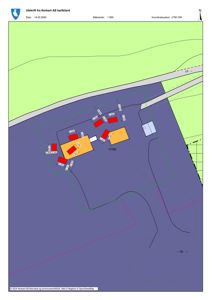 Situasjonsplan (kart) som viser eiendomsgrenser, bygninger og infrastruktur.