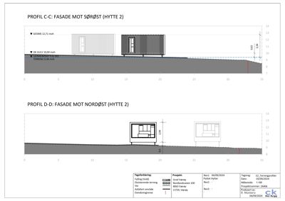 Snittegning (profil) som viser fasadeoppsett og høydemål for hytte 2 sett fra sørøst og nordøst.