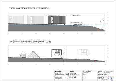 Tegning som viser terrengprofil og bygningens høyde i forhold til terrenget (snitt) for to ulike fasader.