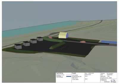 3D-perspektivtegning (rendering) som viser et forslag til plassering av nye bygg på en tomt ved kysten.