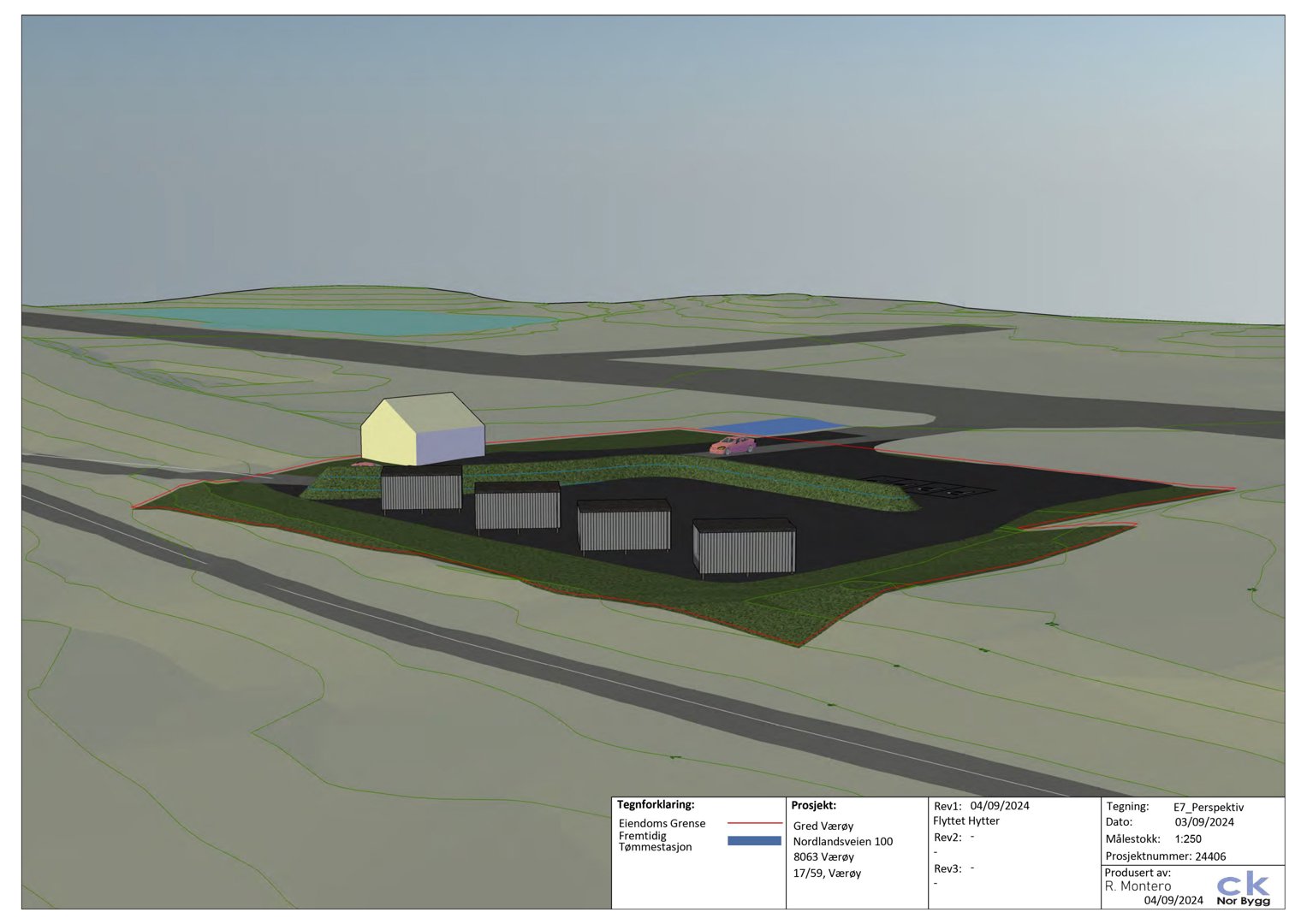 3D-visualisering (rendering) av et byggeprosjekt med tomt, veier og bygninger.