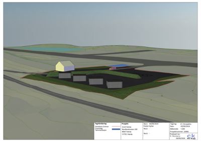 3D-visualisering (rendering) av et byggeprosjekt med tomt, veier og bygninger.