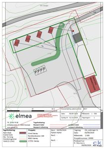 Situasjonsplan som viser eiendomsgrenser, eksisterende og planlagt bebyggelse (hus), terrengforhold (konturer), samt infrastruktur som kabler og ledninger.