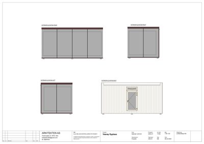 Fasadetegning som viser front, høyre, venstre og bakside av en bygning.