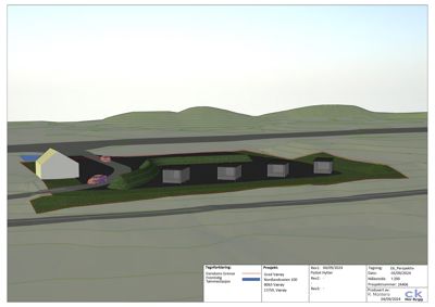 3D-visualisering (rendering) av et planlagt hytteprosjekt med omgivelsene, inkludert terreng, vei og parkering.