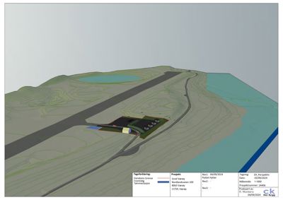3D-visualisering (rendering) av et prosjektert bygganlegg med omgivende terreng, vann og infrastruktur.