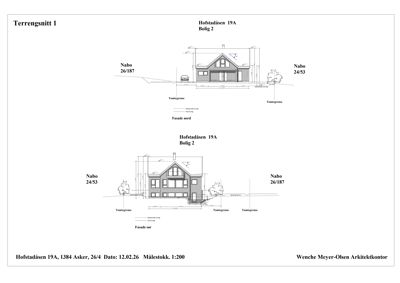 Terrengsnitt som viser fasade nord og fasade sør for en bolig, med naboegrenser og terrengforhold.