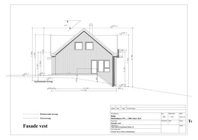 Fasadetegning av bygning sett fra vest, med mål og terrenglinjer