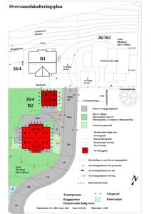 Overvannshåndteringsplan som viser tomtsgrenser, bebyggelse, terreng og vannavrenning.