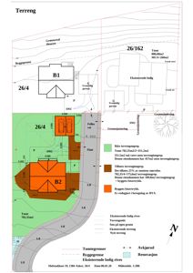 Situasjonsplan som viser tomtsgrenser, byggegrenser, eksisterende og nytt terreng, samt plassering av bygninger (B1, B2) og garasjer.