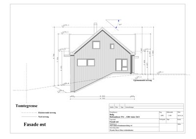 Fasadetegning av en bygning sett fra øst, med mål og terrengforhold