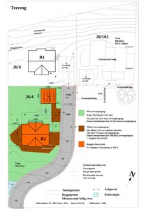Situasjonsplan som viser terrengforhold, tomtegrenser, eksisterende og planlagt bebyggelse (B1, B2), samt terrengjusteringer og høydeforskjeller.