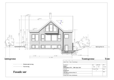 Fasadetegning av en bolig sett fra sør, med mål og terrengforhold